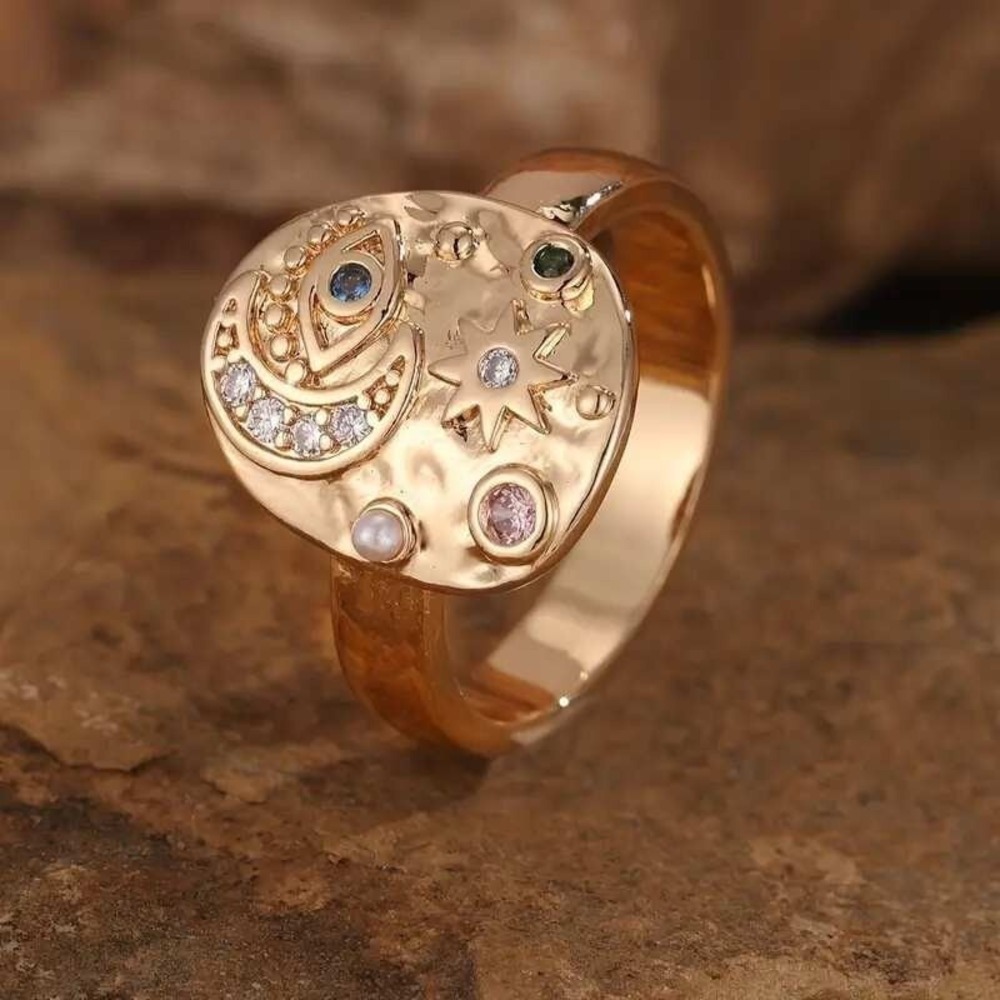 Celestial Ring Star Moon Evil Eye Gold Tone Statement Ring Band Size 6 - Picture 2 of 3